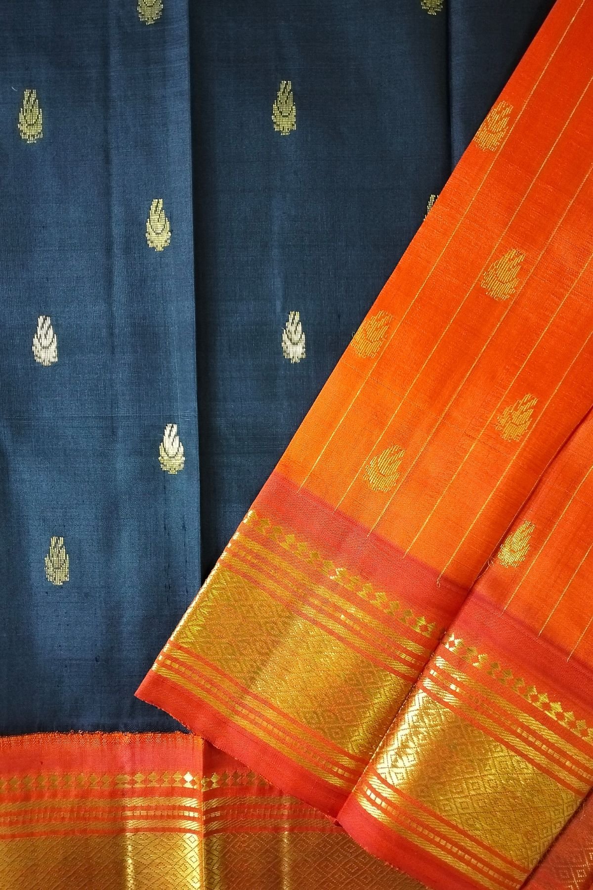 Black with Orange Border Thirubuvanam Silk Saree