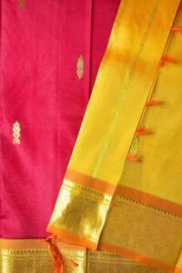 Red and yellow silk saree with mango yellow pallu and orange border