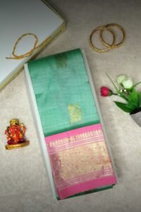 Aqua Green Handloom Silk Saree with Pink Zari Pallu
