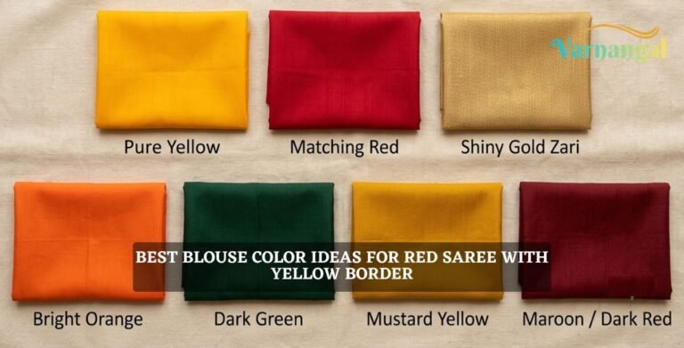 Read more about the article 7 Best Blouse Color Ideas for Red Saree with Yellow Border and Pallu