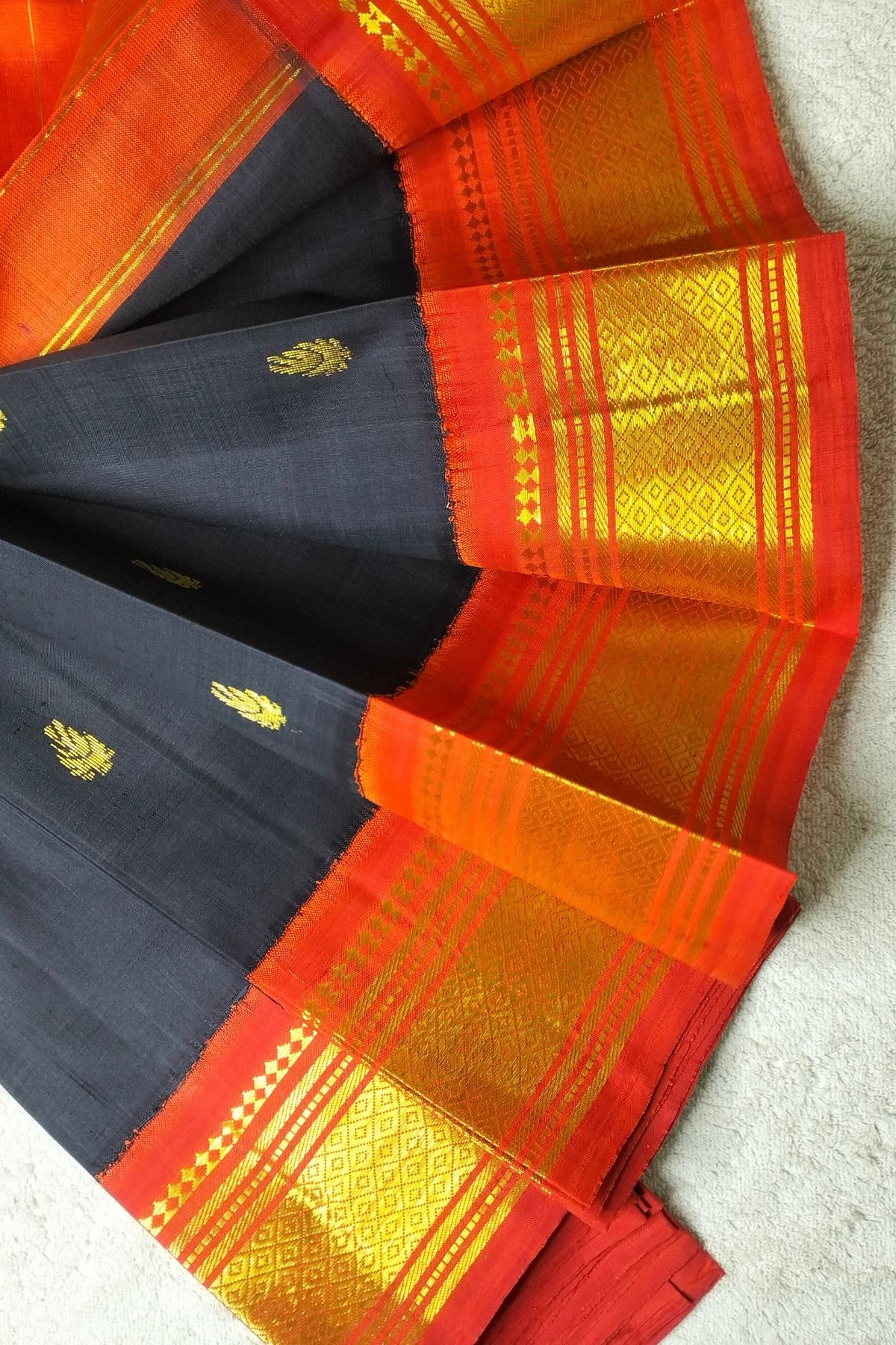 Black and Orange Thirubuvanam Silk Saree