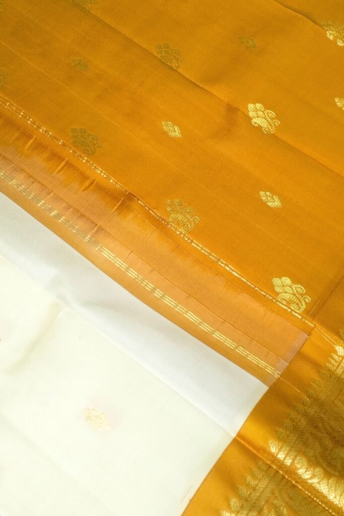 Cream White Silk Saree with Mustard Yellow Pallu and Border