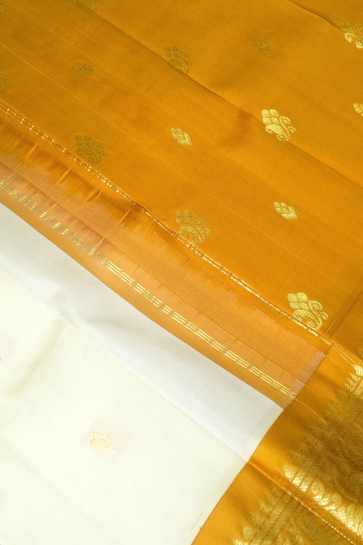 Cream White Silk Saree with Mustard Yellow Pallu and Border