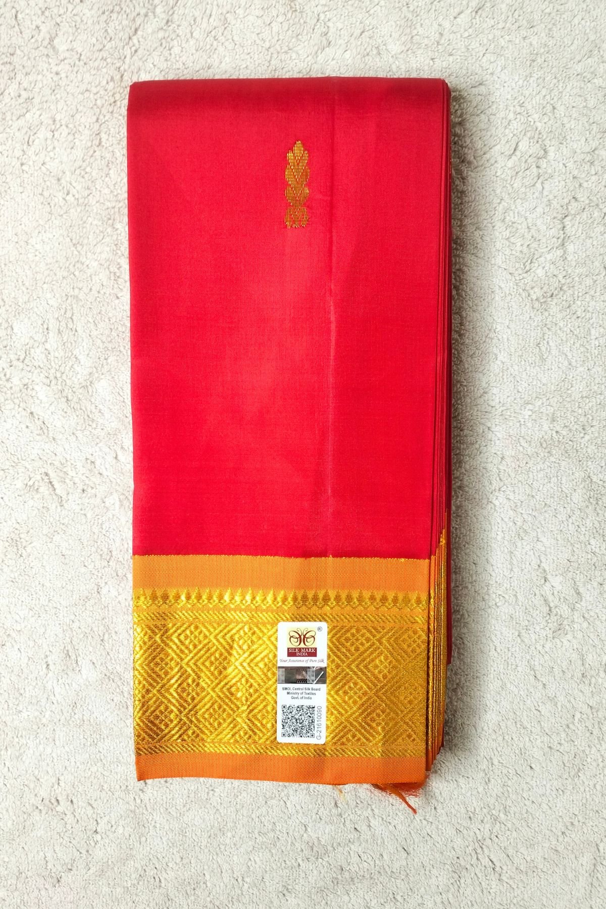 Crimson Red with Mango Yellow Pallu and Orange Border Thirubuvanam Silk Saree