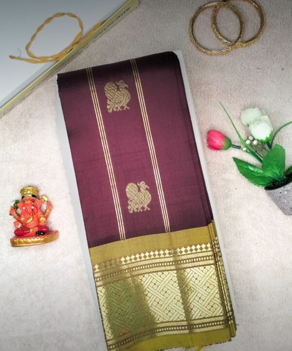 Wine Red with Olive Gold Border Thirubuvanam Silk Saree