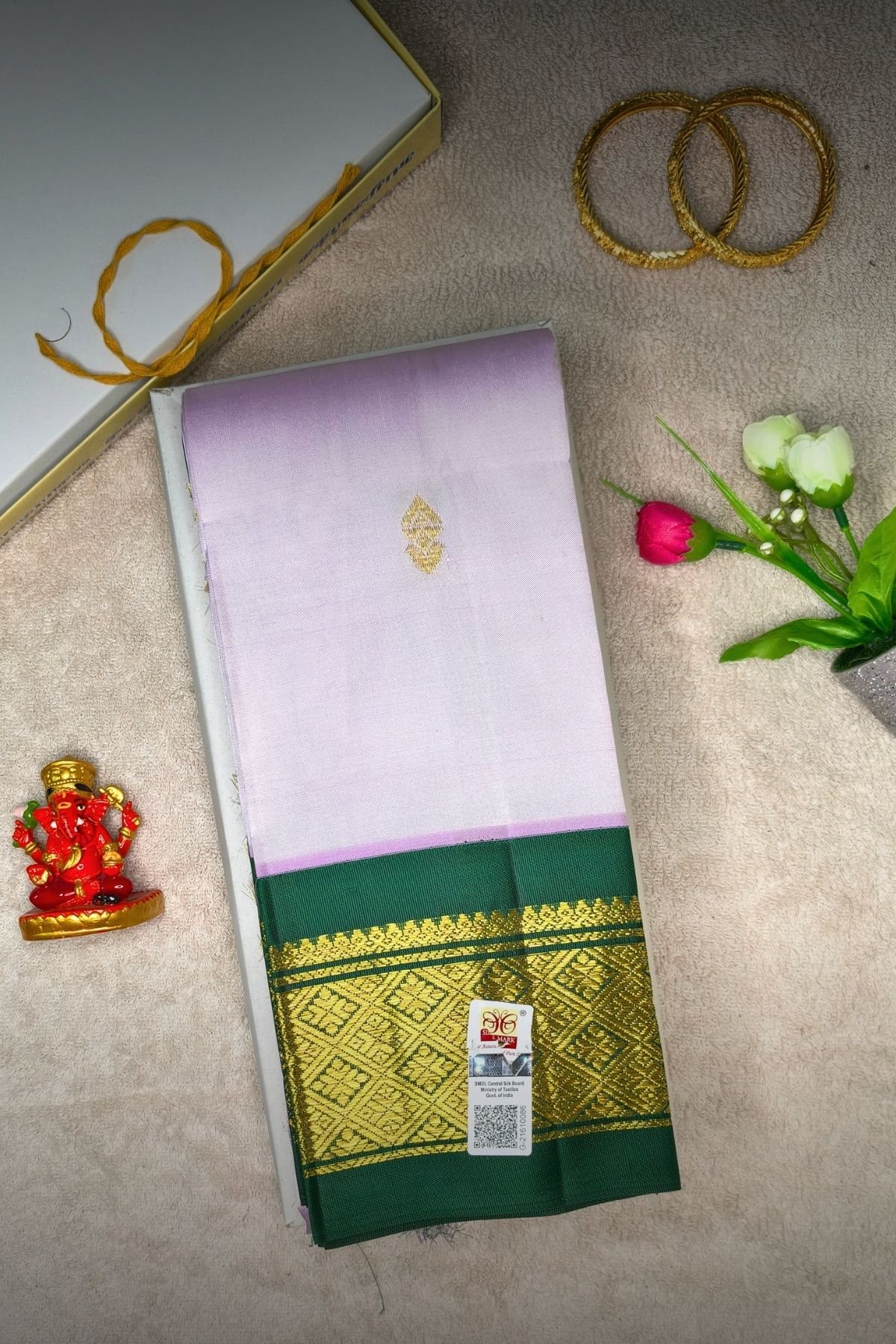 Lavender with Green Border Thirubuvanam Handloom Pure Silk Saree