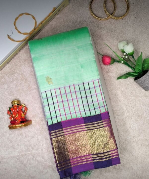 Pastel Mint Green and Magenta Thirubuvanam Silk Saree