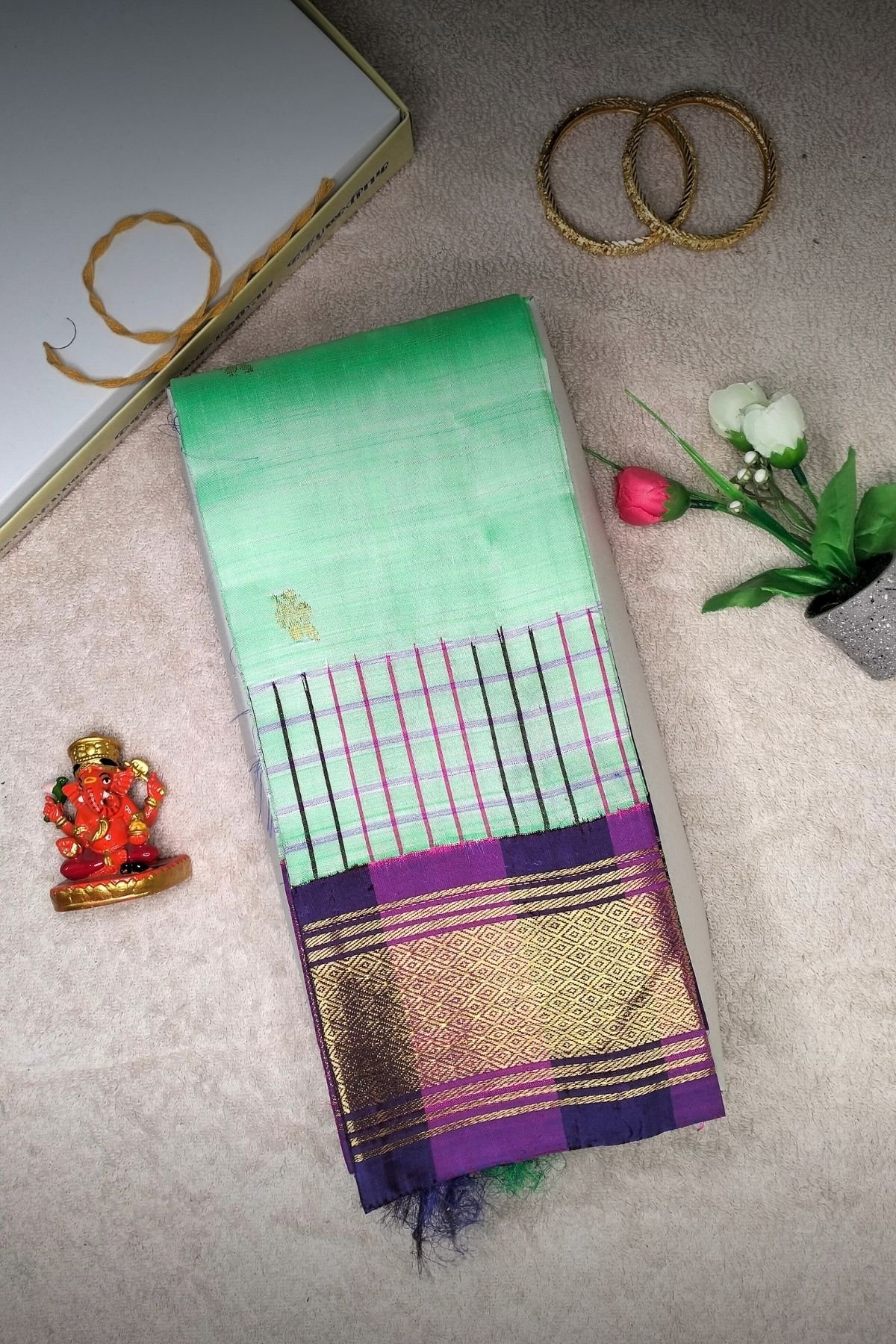 Mint Green Handloom Silk Saree With Magenta Pink Border