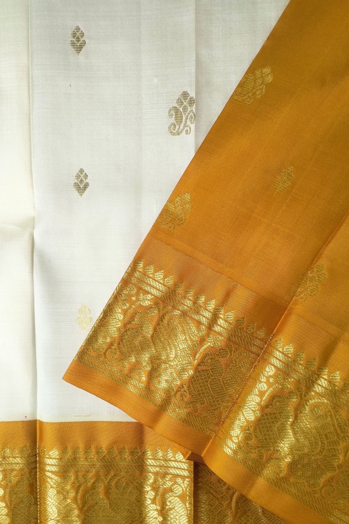 Off white with Yellow Border Thirubuvanam Silk Saree