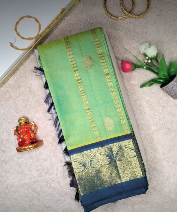 Parrot Green with Peacock Blue Handloom Thirubuvanam Silk Saree​
