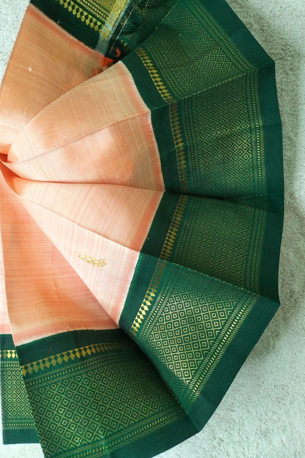 Peach and Green Border Pure Silk Saree