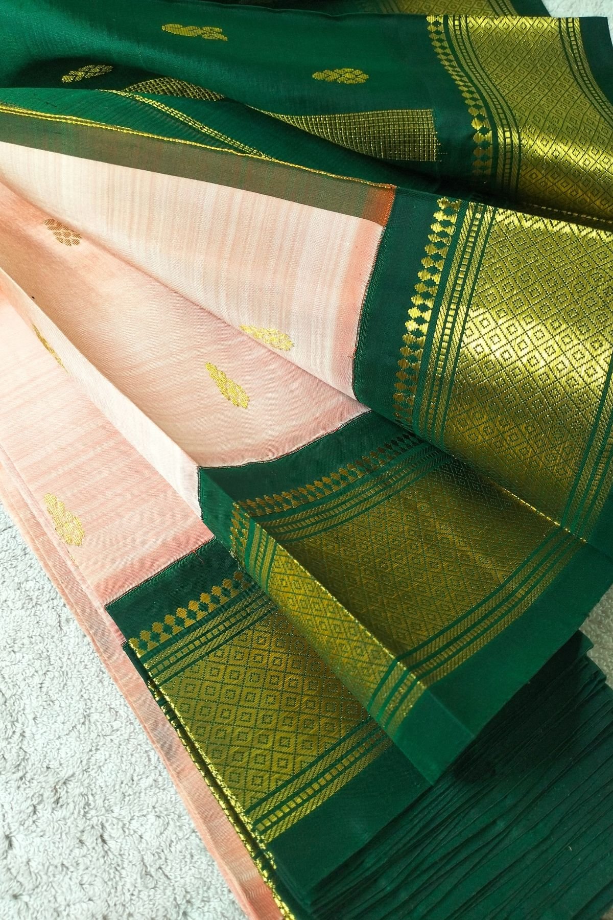 Peach color with Green Border Silk Saree