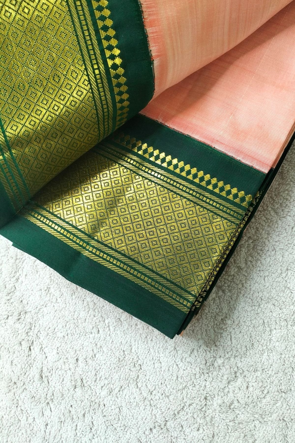 Peach with Green Border Handloom Silk Saree