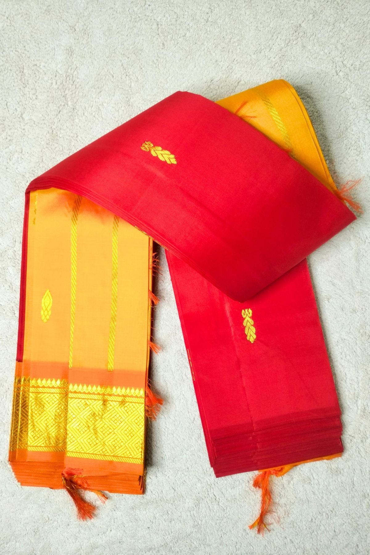 Red and Mango Yellow Thirubuvanam Pattu Saree