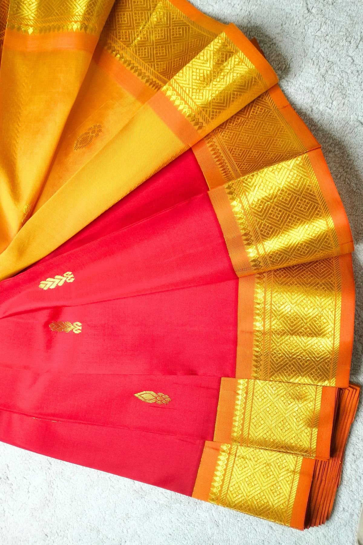 Red and Mango Yellow Thirubuvanam Silk Saree