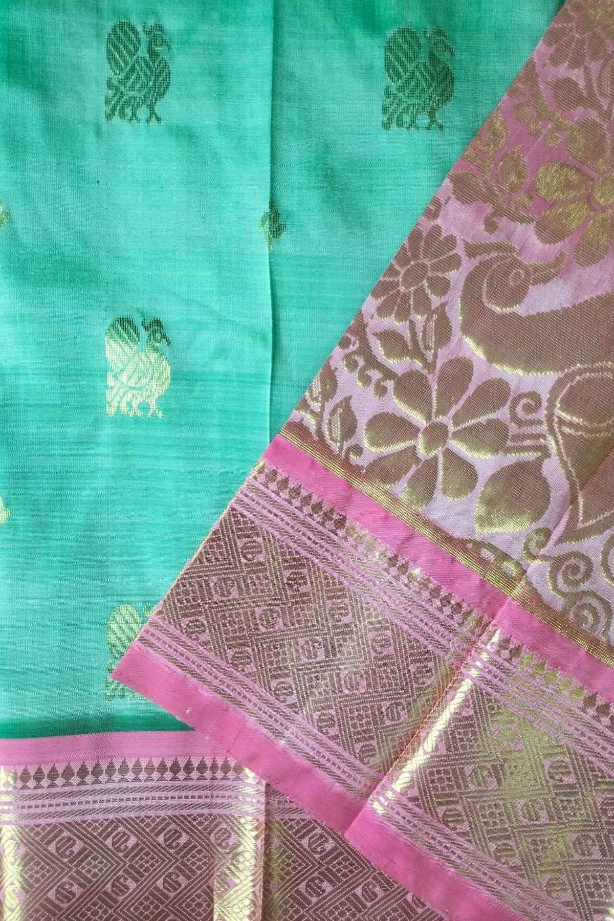 Sea Green Rani Pink Border Thirubuvanam Silk Saree