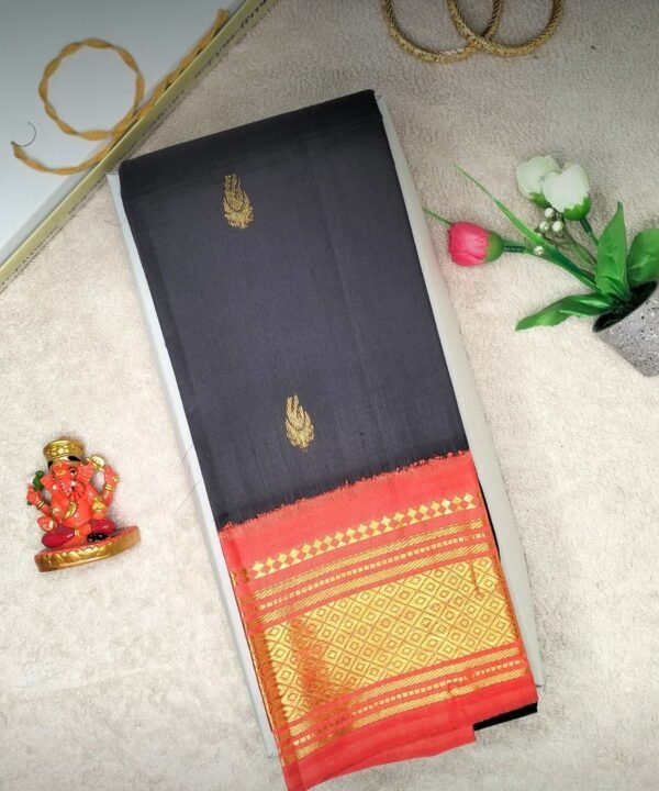 Black and Orange Thirubuvanam Handloom Silk Saree