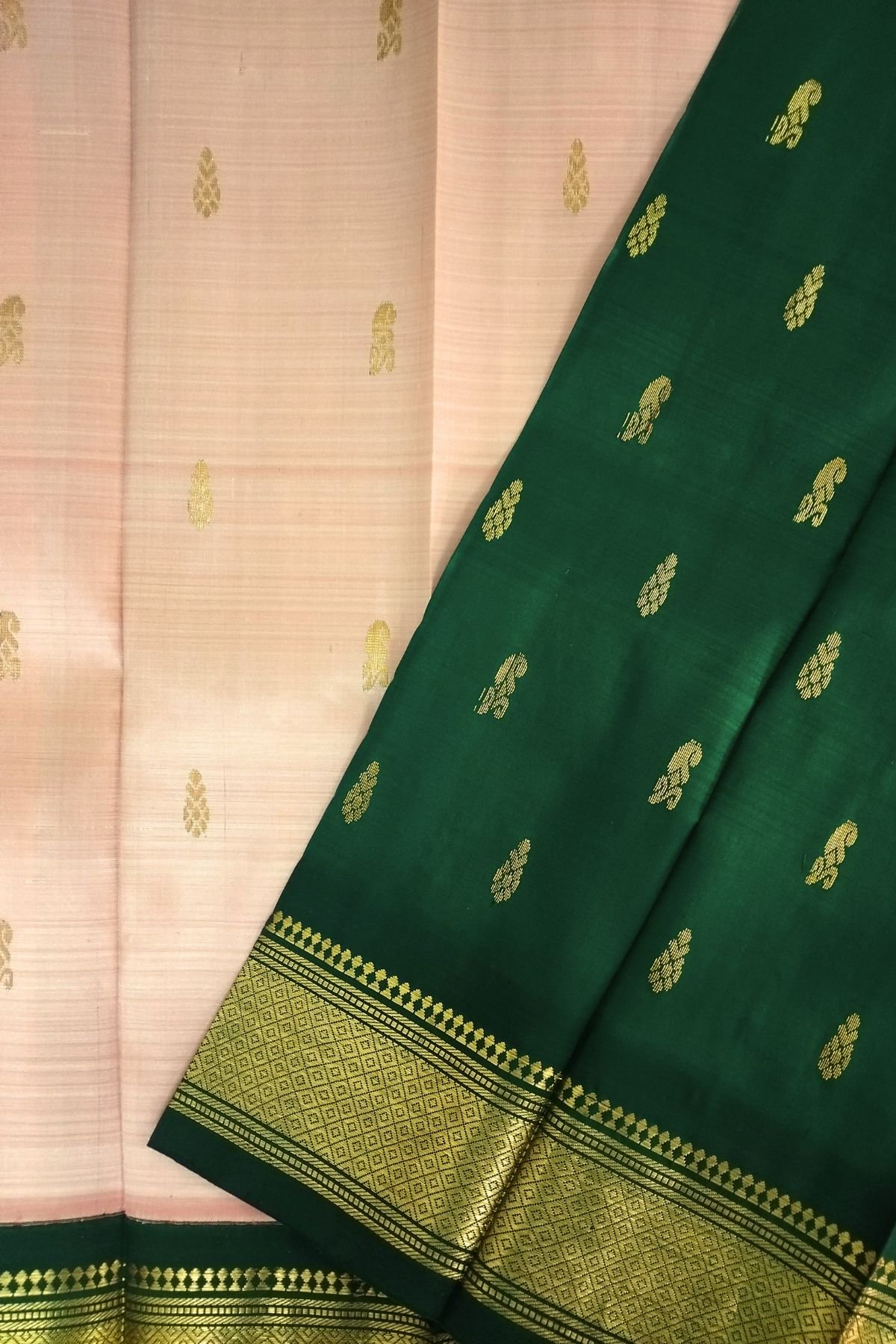 peach with green thirubuvanam silk saree​