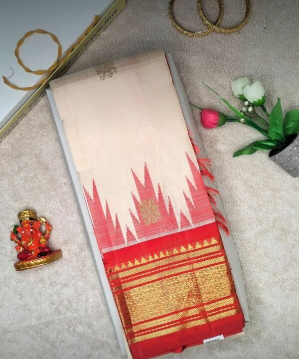 Off White Thirubuvanam Silk Saree With Red Border