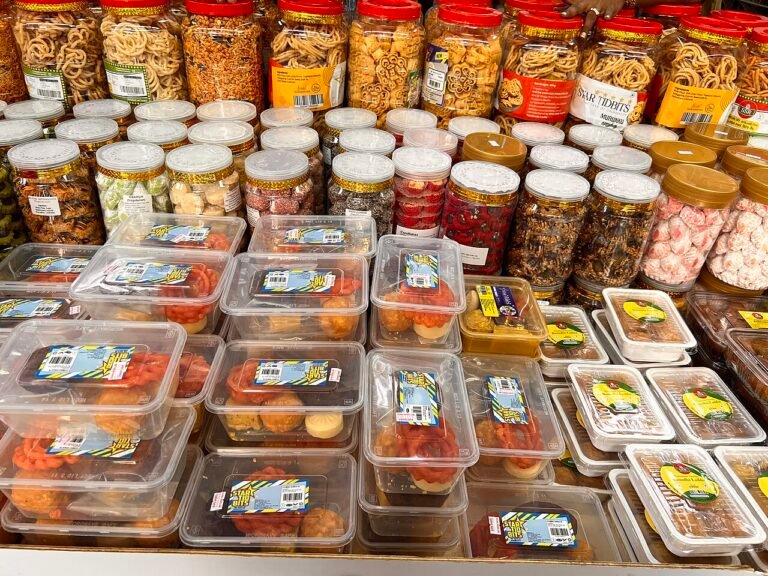 Trays of Deepavali sweets and savouries at a festival market