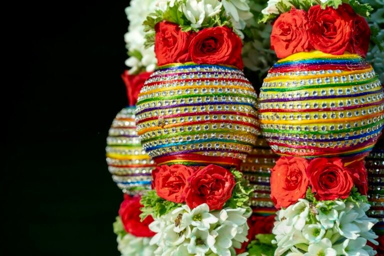 Decorated pots with flowers set out for a festival