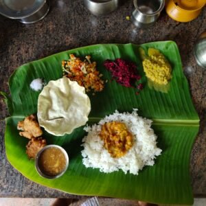 Traditional South Indian meal served on a banana leaf